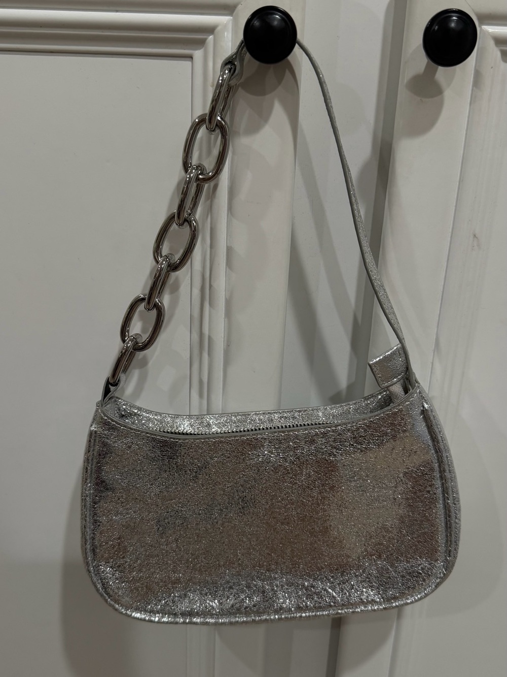 Metallic Silver Chain-Accent Shoulder Bag